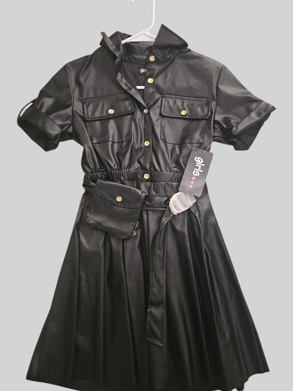 Nwt! Girls Black Faux Leather Shirt Dress with Belted Pouch